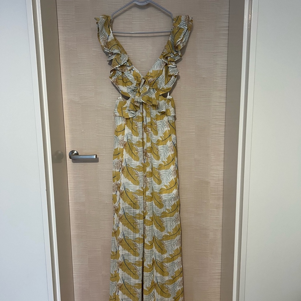 Yellow and White Tropical Open Back Dress